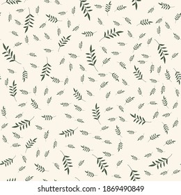 Green leaves, a branch on a beige background. Seamless pattern, background. Vector illustration. Hand drawing.