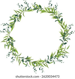 Green leaves and branches forming a beautiful circular frame, creating a natural and elegant border, perfect for invitations, cards, or decorative projects on a clean white background