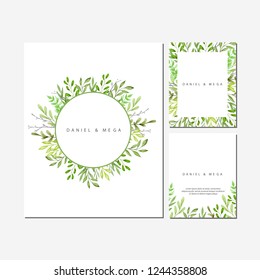 Green leaves and branches frame. Design for logo, greeting card, wedding invitation. Hand drawn watercolor illustration