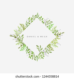 Green leaves and branches frame. Design for logo, greeting card, wedding invitation. Hand drawn watercolor illustration