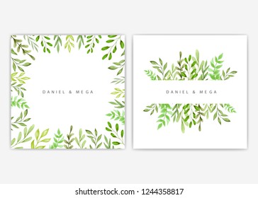 Green leaves and branches frame. Design for logo, greeting card, wedding invitation. Hand drawn watercolor illustration