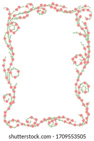 green leaves and branches with pink flowers. floral frame. rectangle border. design element for ad, cover, banner, card, flyer. vector illustration. summer template. spring background