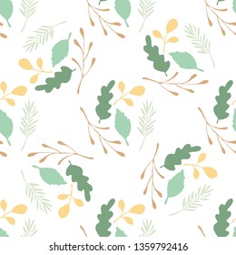 Green leaves and branches vector seamless pattern on white background. Backdrop flat style for textile or book covers, wallpapers, design, graphic art, wrapping