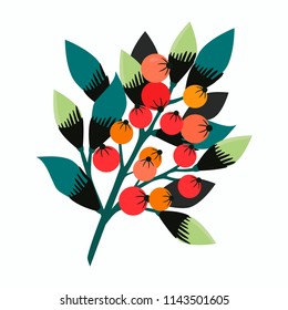 Green leaves, a bunch of red berries, rowan. On a white background. Art illustration for your design.
