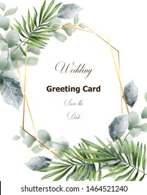 Green leaves card frame Vector decor. Greeting, wedding ceremony decor. Boho botanical summer poster