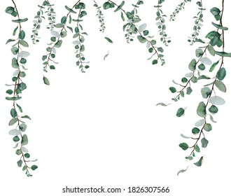 Green leaves chain curtain over white background - watercolor illustration vector for artwork backdrop concept