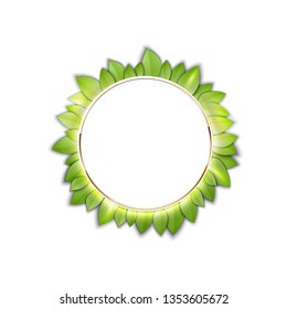 Green leaves and circle frame. Packaging design and web banner element. Vector illustration.