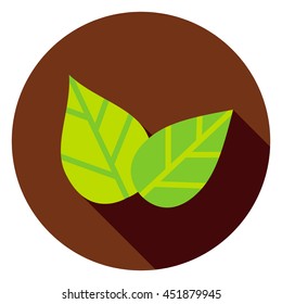 Green Leaves Circle Icon. Flat Design Vector Illustration with Long Shadow. Nature Plant Symbol.