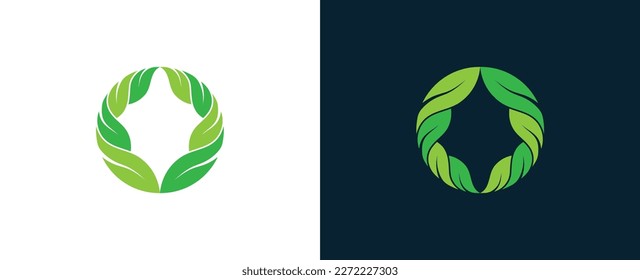 Green Leaves Circle Round Logo Concept symbol icon sign Element Design. Floral, Ecology, Herbal, Spa, Beauty salon, Boutique, Natural Products, Organic Logotype. Vector illustration template