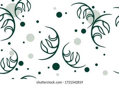 
Green leaves and circles on a white background. Seamless pattern. For fabric, design, wallpaper, textile, packaging. Vector background