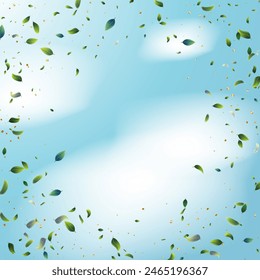 Green Leaves. Circular arrangement of leaves soaring against a serene blue sky, evoking a sense of freedom and harmony with nature. Mint, tea leaves backdrop. Botanic foliage with gold confetti