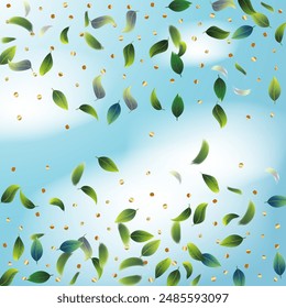 Green Leaves. Circular arrangement of leaves soaring against a serene blue sky, evoking a sense of freedom and harmony with nature.