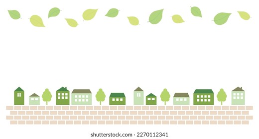 Hojas verdes y marco de paisaje urbano, ilustración vectorial