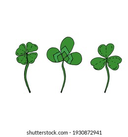 Green leaves of clover. Scribble. Four-leaf clover. Element for decoration. Vector illustration isolated on white background.