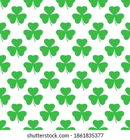 Hojas verdes de patrón inquebrantable. Ilustración vectorial del Día de San Patricio con shamrock.