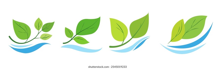 folhas verdes combinadas com elementos de onda de água, formando logotipos ou ícones. As folhas são vibrantes, e o design é simplista com um fundo branco. Conceito de natureza, hidroponia e jardinagem