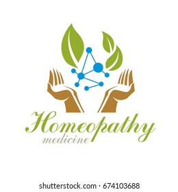 Green leaves composed with molecule model symbol. Living in harmony with nature concept, green health idea logo. The impact of homeopathy on pharmacology and scientific research.