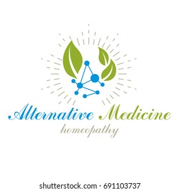 Green leaves composed with molecule model symbol. Living in harmony with nature concept, green health idea logo. The impact of homeopathy on pharmacology and scientific research.