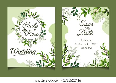 Green leaves cover wedding invitation set design, Vector decorative greeting card design