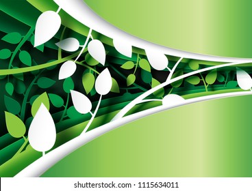 Green leaves creative paper cut layout template abstract background.Vector illustration.