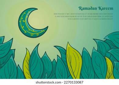 Green leaves and crescent moon in green background design for ramadan kareem template