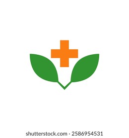 Green leaves and cross. Color isolated vector icon.