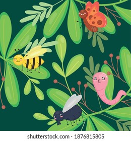 green leaves with cute insects over green background, colorful design, vector illustration