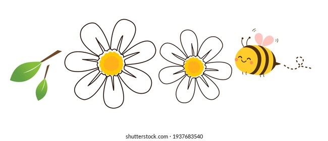 Green Leaves, Daisy Flower And Bee Cartoon Icon Isolated On White Background Vector Illustration.