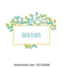 Green leaves design element in hand drawn relaxed style for header, card, title, wedding invitation. Tender delicate foliage vector illustration