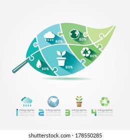 Green Leaves Design Elements Ecology Infographic Jigsaw Concept.Vector Illustration.