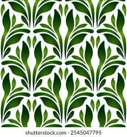 Green leaves design seamless pattern on white background. Spring floral vector illustration. Ethnic paisley ornament. Mosaic tile with plant design. Fantasy curved shapes for textile, wallpaper, etc