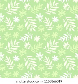 Green leaves doodle hand drawn seamless patern. Vector herbal, floral, greenery, leaf foliage background.