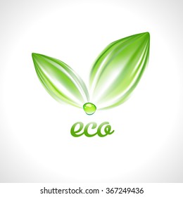 Green leaves with drop Ecology logo. Eco logo. Abstract green energy identity. Ecology logotype. Nature icon vector illustration. Pure water, save nature concept.