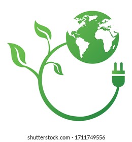 Green leaves, earth and plug icon isolated on white background. Ecology concept save energy. Vector illustration for any design.