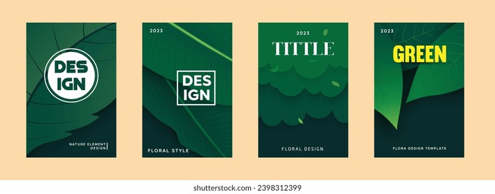 Estilo de diseño floral de la plantilla de fondo conjunto de afiches de hojas verdes