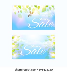 Green Leaves Falling Website Banner, Sky Background, Horizontal Header Design, Spring Season Sale Background Template