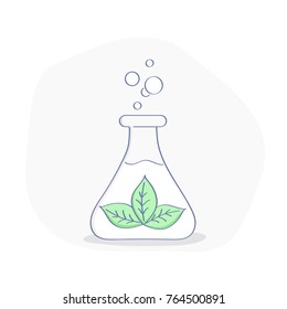 Folhas verdes no frasco. Tecnologia verde, indústria ou preparação de um medicamento. Ilustração de vetor de contorno plano em estilo de design moderno.
