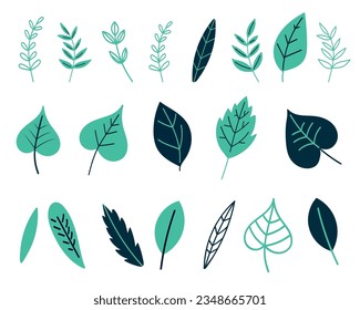 Green leaves in flat style isolated on white background. Tropical green leaves and plants collection. green leaf icons set. suitable for Wedding Invitation, save the date, thank you, or greeting card.