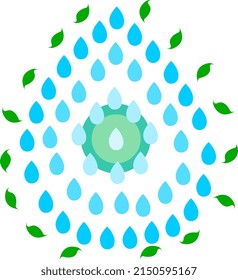 Grüne Blätter flogen um einen Haufen blauer Wassertropfen.