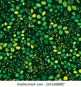 Green leaves floral seamless pattern and backdrop. Elegant plant background. Intricate modern. Craft paper gentle leaves, branches cartoon illustration. Desing for wallpaper, textile, fabric,wrapping.
