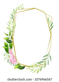 Green leaves and flowers geometric frame template. Floral background. Vector illustration.