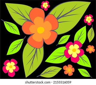 green leaves and flowers on black, can be used as a backdrop for walls in offices, houses, apartments and others