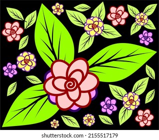 green leaves and flowers on black, can be used for decoration of favorite items, backdrops for office walls, bedrooms, apartments and others