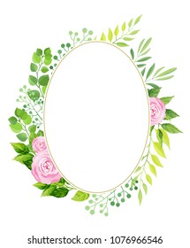 Green leaves and flowers round frame template. Floral background. Vector illustration.