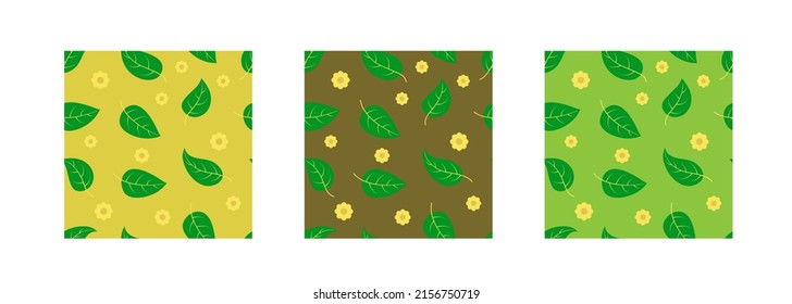 Green leaves and flowers seamless pattern. Vector background. Set of multicolored patterns isolated on a white background.