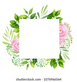 Green leaves and flowers square frame template. Floral background. Vector illustration.