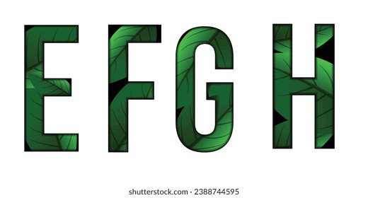 Green leaves font Alphabet e, f, g,h, text effect. Made of Real alive leaves with Precious paper cut shape of letter. Collection of brilliant leaves font for unique decoration in spring concept idea