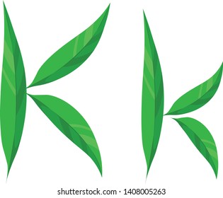 Green Leaves font, Alphabet letters K, Vector illustration.