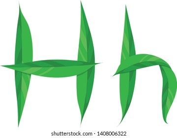 Green Leaves font, Alphabet letters H, Vector illustration.