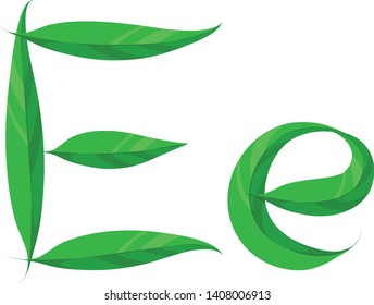 Green Leaves font, Alphabet letters E, Vector illustration.